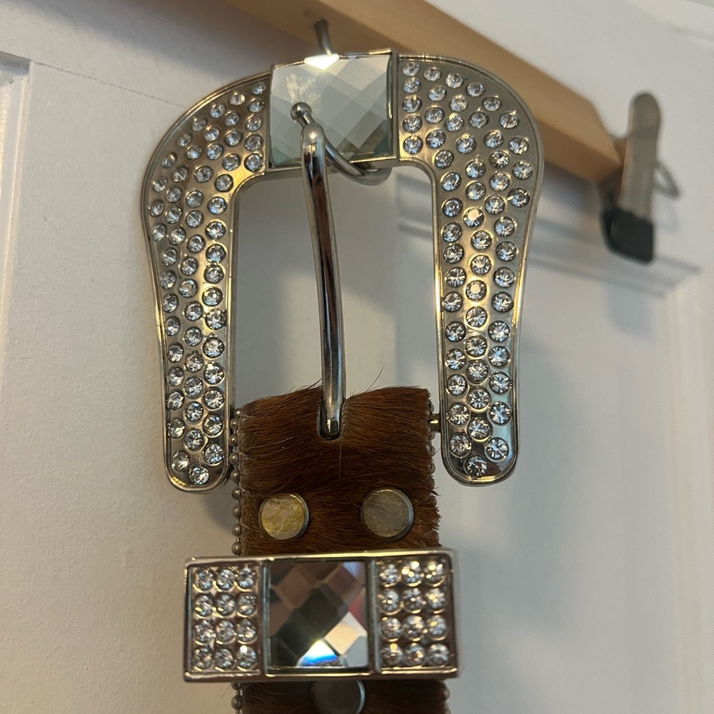 Rods western Rhinestone Embellished hide on cow hair leather belt